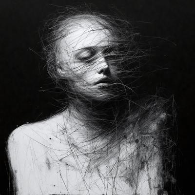 The primary subject of the image is a woman with long hair, who appears to be in a state of distress or discomfort. She is looking down, possibly with a frown on her face. The setting is a black background, which emphasizes the woman's expression and adds a dramatic effect to the image. The visual style is a black and white drawing, which further enhances the emotional impact of the scene. The overall atmosphere of the image is intense and thought-provoking, as it captures the woman